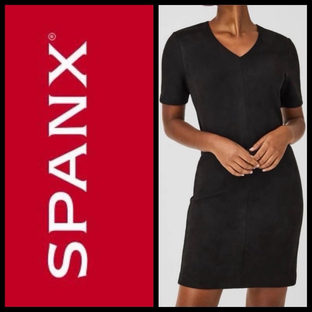 SPANX Faux Suede Column Dress Sz M Black V-Neck Sheath LBD Quiet Luxury Timeless